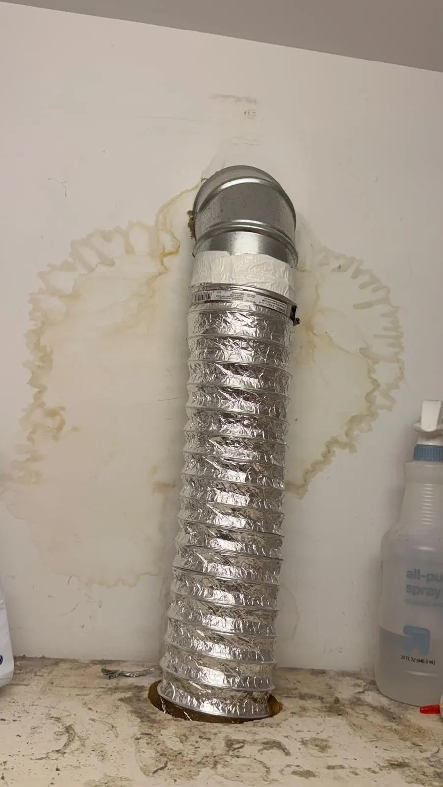 Worn, stained flexible transition hose connected behind a clothes dryer