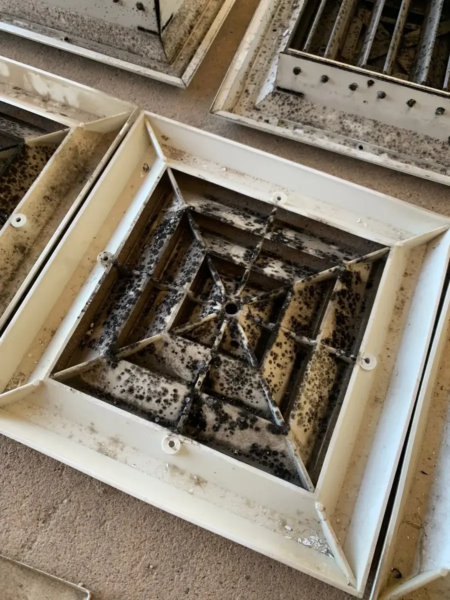 Ceiling diffuser with dark mold-like spotting clustered around the vanes, photographed before cleaning