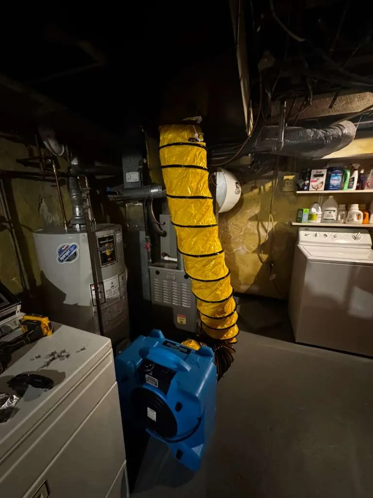 E Cleaning technician connecting negative-pressure duct cleaning equipment at a basement furnace